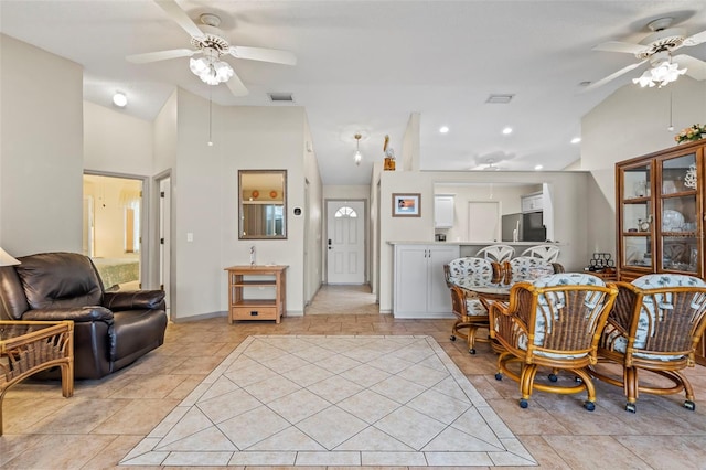 dining room featuring light tile patterned floors, visible vents, a ceiling fan, and recessed lighting