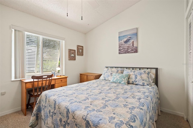 carpeted bedroom with a closet, vaulted ceiling, a textured ceiling, and baseboards