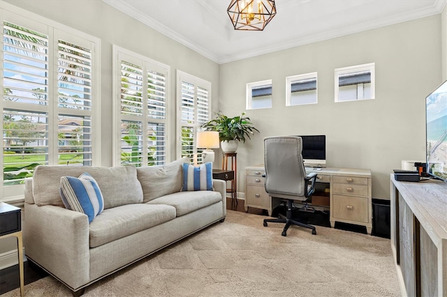 office space featuring baseboards and crown molding