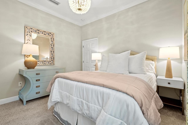 bedroom featuring visible vents, baseboards, carpet flooring, and ornamental molding