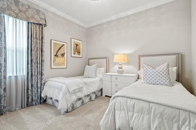 carpeted bedroom featuring ornamental molding