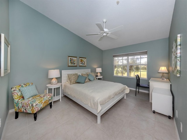 bedroom featuring tile patterned flooring, lofted ceiling, and ceiling fan