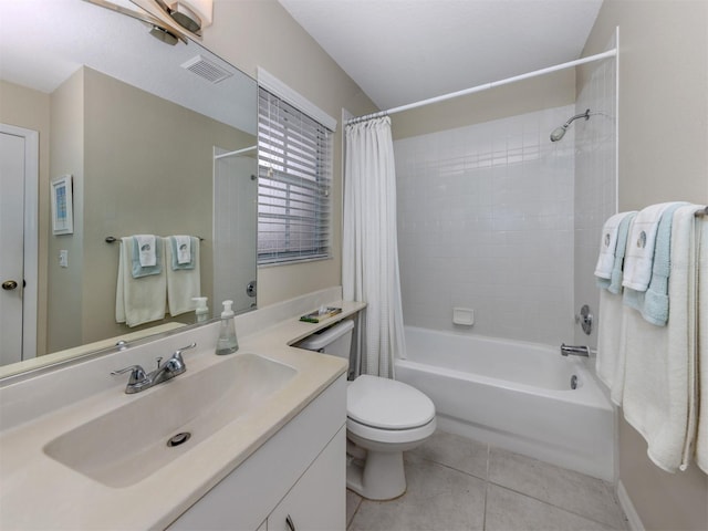 full bathroom with vanity, shower / bath combo, tile patterned floors, and toilet