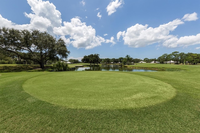 view of property's community featuring a water view and a lawn