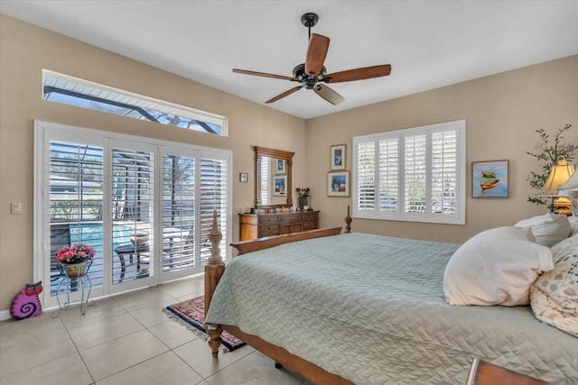 bedroom with ceiling fan, access to outside, and light tile patterned floors