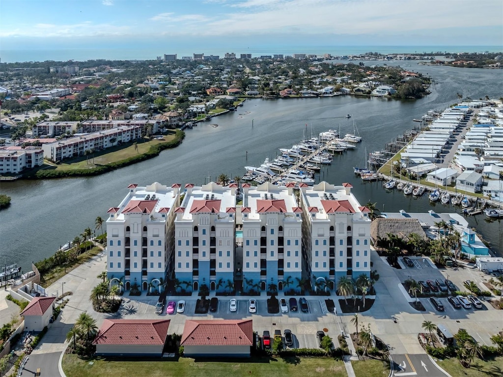 drone / aerial view featuring a water view