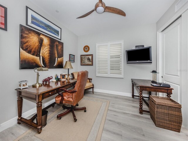 501 Tamiami Trl N Unit 502, Venice, FL 34285 - office with visible vents, wood finished floors, a ceiling fan, and baseboards