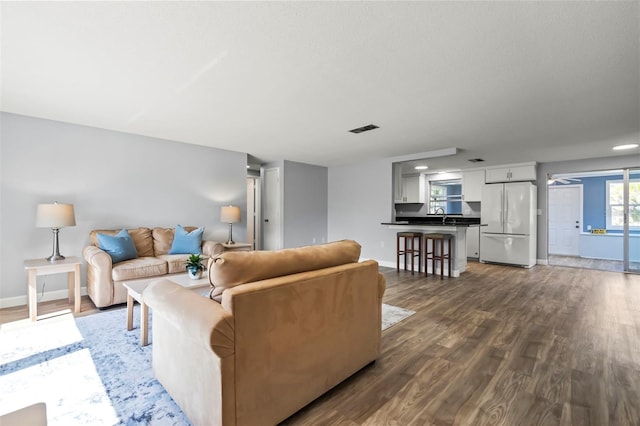 living room with dark wood-type flooring and sink