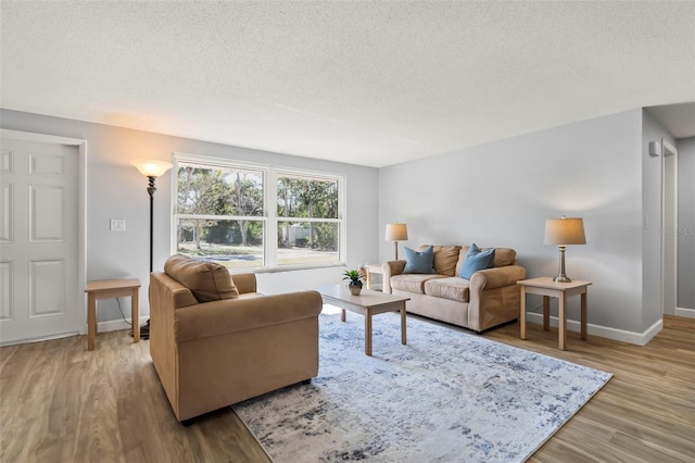 living room featuring light hardwood / wood-style floors and a textured ceiling