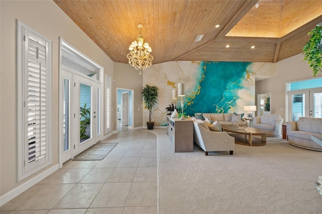 living room with a notable chandelier, french doors, high vaulted ceiling, wooden ceiling, and light tile patterned floors