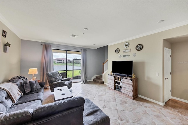 tiled living room with crown molding