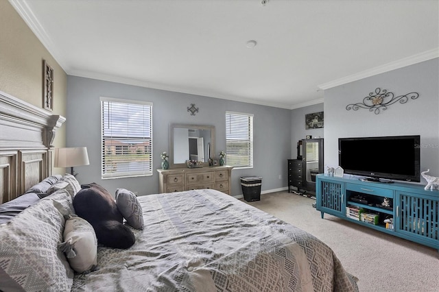 carpeted bedroom featuring ornamental molding