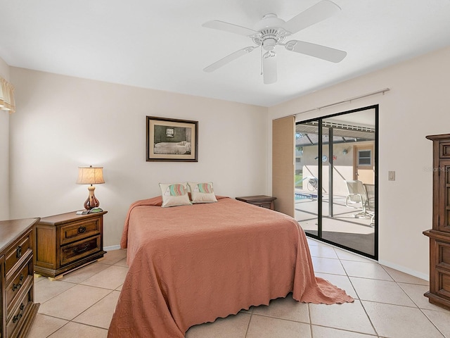 bedroom with access to outside, ceiling fan, and light tile patterned flooring