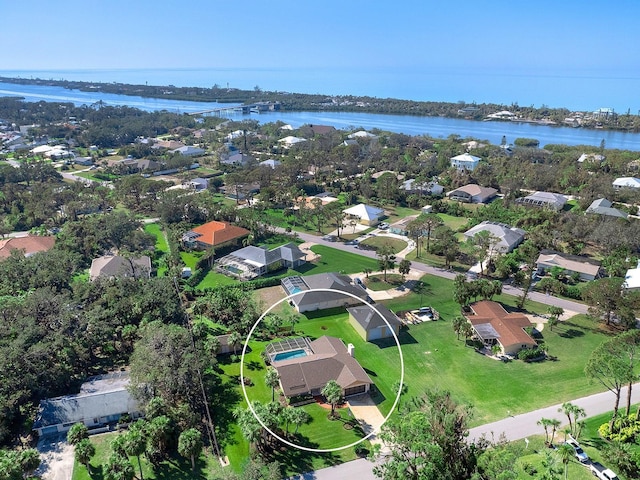 drone / aerial view featuring a water view