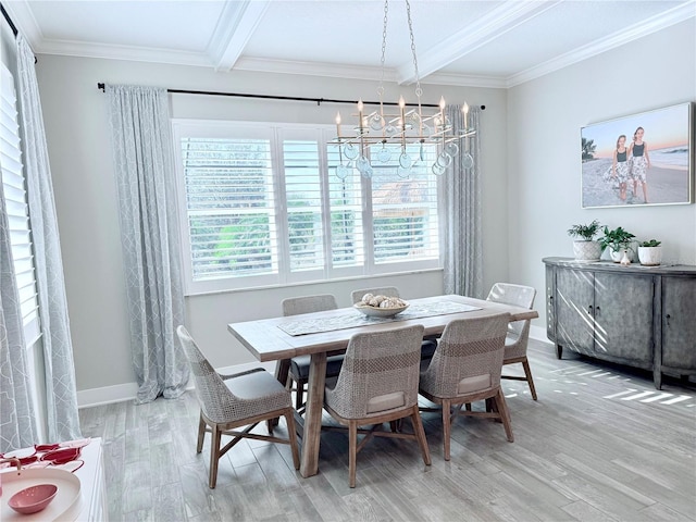 dining space featuring beamed ceiling, crown molding, a chandelier, and light wood-type flooring