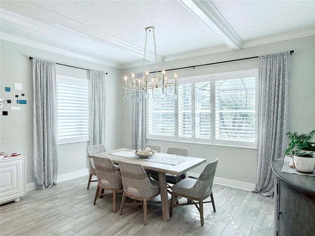 dining area with beamed ceiling, light wood-type flooring, a notable chandelier, crown molding, and a textured ceiling