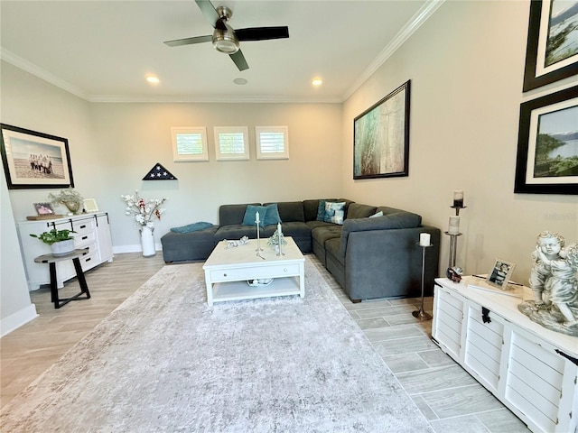 living room featuring crown molding and ceiling fan