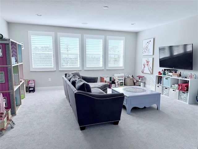 living room with light colored carpet and a textured ceiling