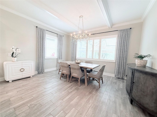 dining space with baseboards, beam ceiling, an inviting chandelier, ornamental molding, and light wood-type flooring