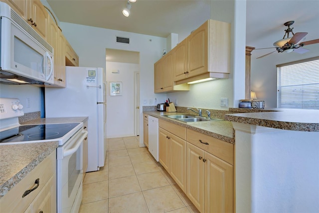 kitchen with sink, white appliances, ceiling fan, light tile patterned flooring, and light brown cabinets