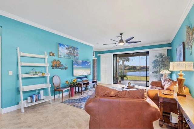 living room featuring light tile patterned floors, crown molding, and ceiling fan