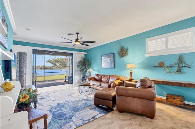 living room featuring a water view, ceiling fan, crown molding, and light tile patterned flooring