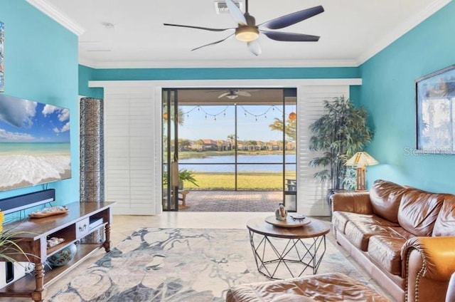 living room featuring light tile patterned floors, crown molding, ceiling fan, and a water view