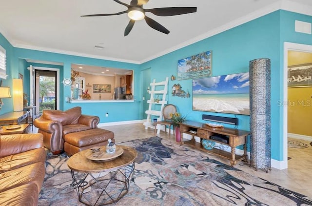 tiled living room with crown molding and ceiling fan