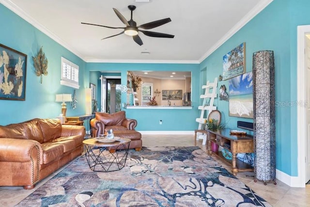 living room with crown molding, tile patterned floors, and ceiling fan