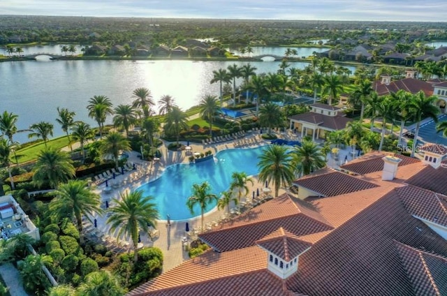 birds eye view of property featuring a water view