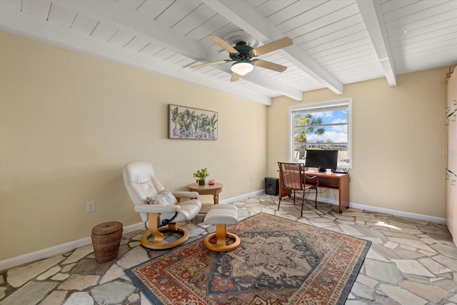 office space featuring beamed ceiling, ceiling fan, and wood ceiling