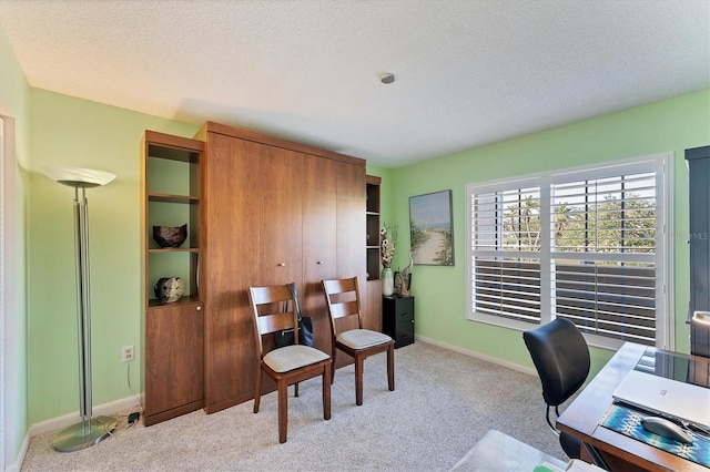 carpeted office with a textured ceiling