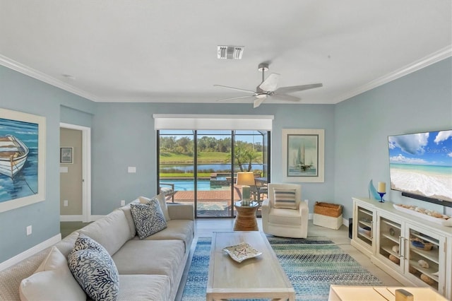 living room with crown molding and ceiling fan