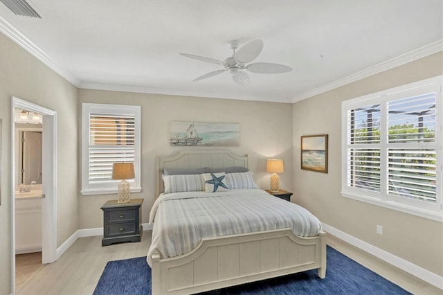 bedroom with ornamental molding, ensuite bathroom, ceiling fan, and light wood-type flooring