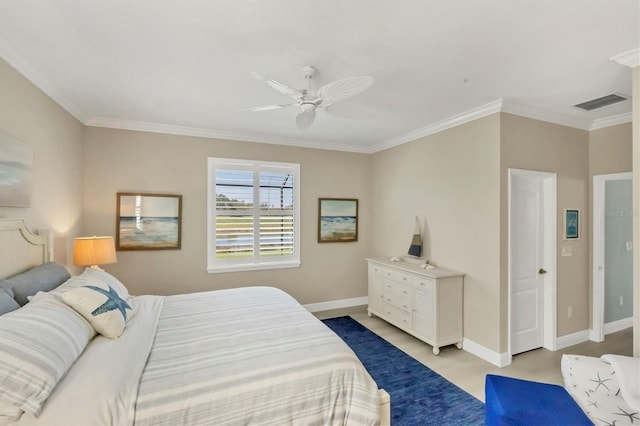 bedroom featuring ornamental molding and ceiling fan