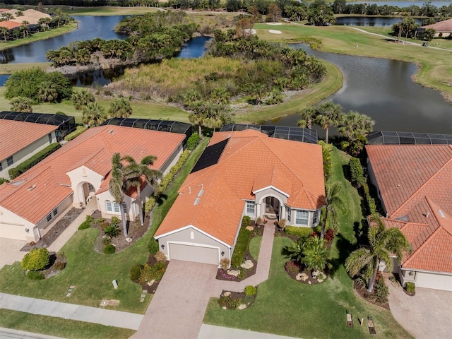 aerial view featuring a water view