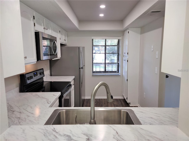 kitchen with appliances with stainless steel finishes, white cabinetry, sink, a tray ceiling, and dark wood-type flooring