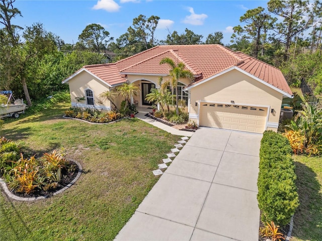 mediterranean / spanish-style home with a garage and a front lawn