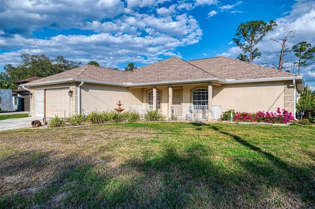 ranch-style house with a garage, covered porch, and a front yard