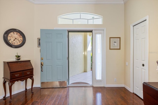 foyer featuring crown molding and dark hardwood / wood-style floors