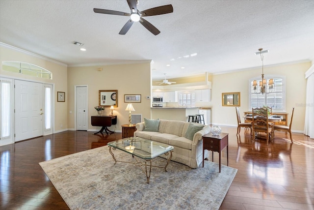 living room with crown molding, dark hardwood / wood-style flooring, ceiling fan with notable chandelier, and a textured ceiling