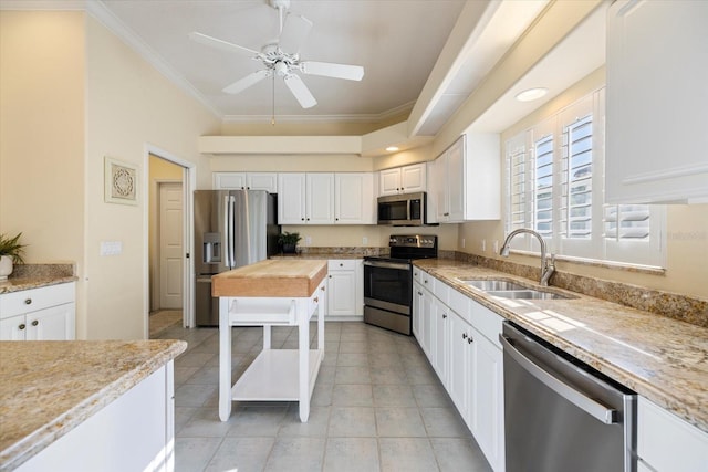 kitchen with sink, ceiling fan, appliances with stainless steel finishes, ornamental molding, and white cabinets