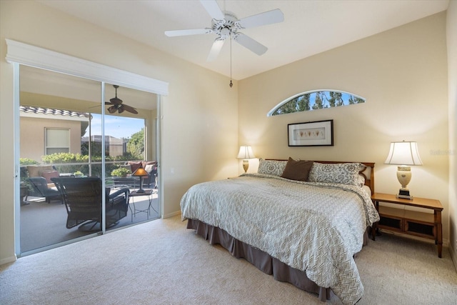 bedroom featuring ceiling fan, carpet flooring, and access to exterior