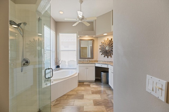 bathroom with independent shower and bath, vanity, and ceiling fan