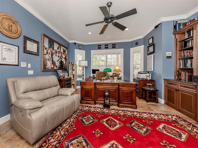 tiled home office with ceiling fan and ornamental molding