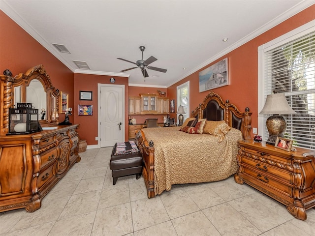 bedroom featuring crown molding, ceiling fan, and light tile patterned flooring