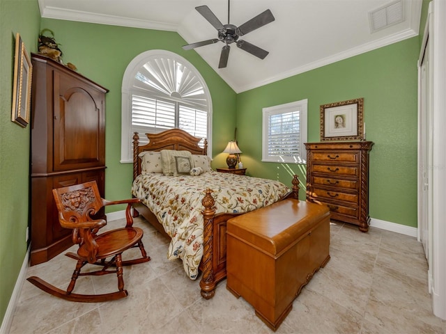 bedroom featuring ornamental molding, vaulted ceiling, and ceiling fan