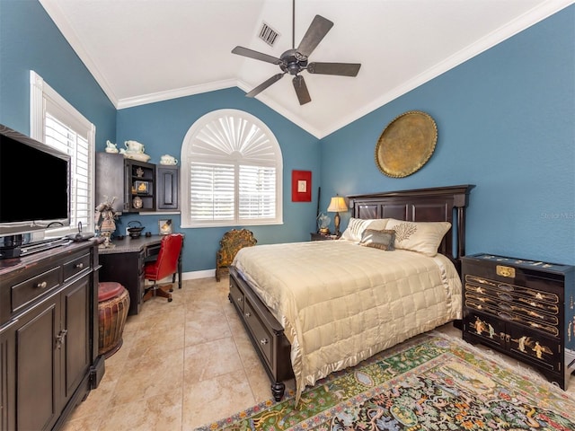 bedroom featuring crown molding, lofted ceiling, multiple windows, and light tile patterned floors