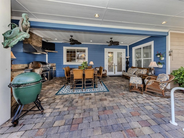 view of patio with french doors, area for grilling, grilling area, outdoor lounge area, and ceiling fan