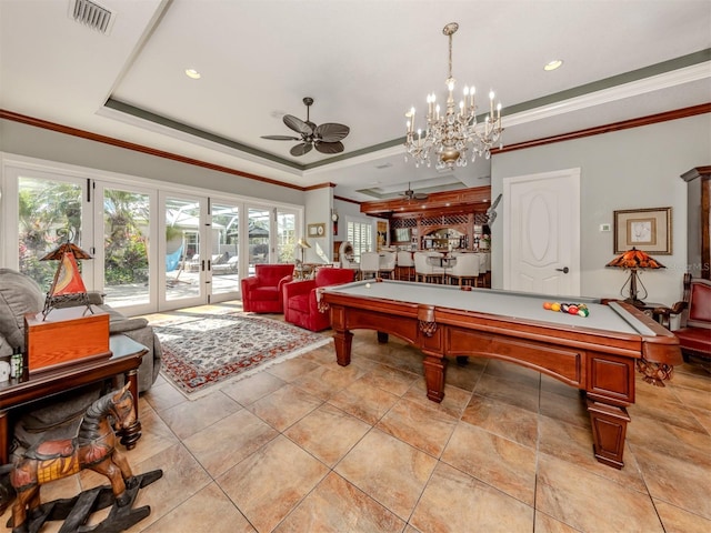 game room featuring pool table, ceiling fan, a tray ceiling, crown molding, and french doors